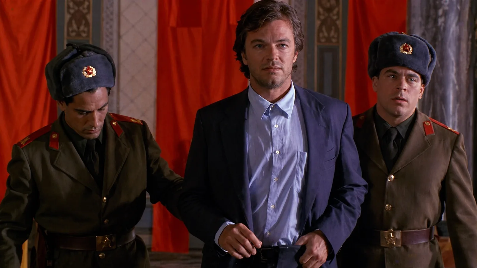 Jeffrey West flanked by two Soviet guards