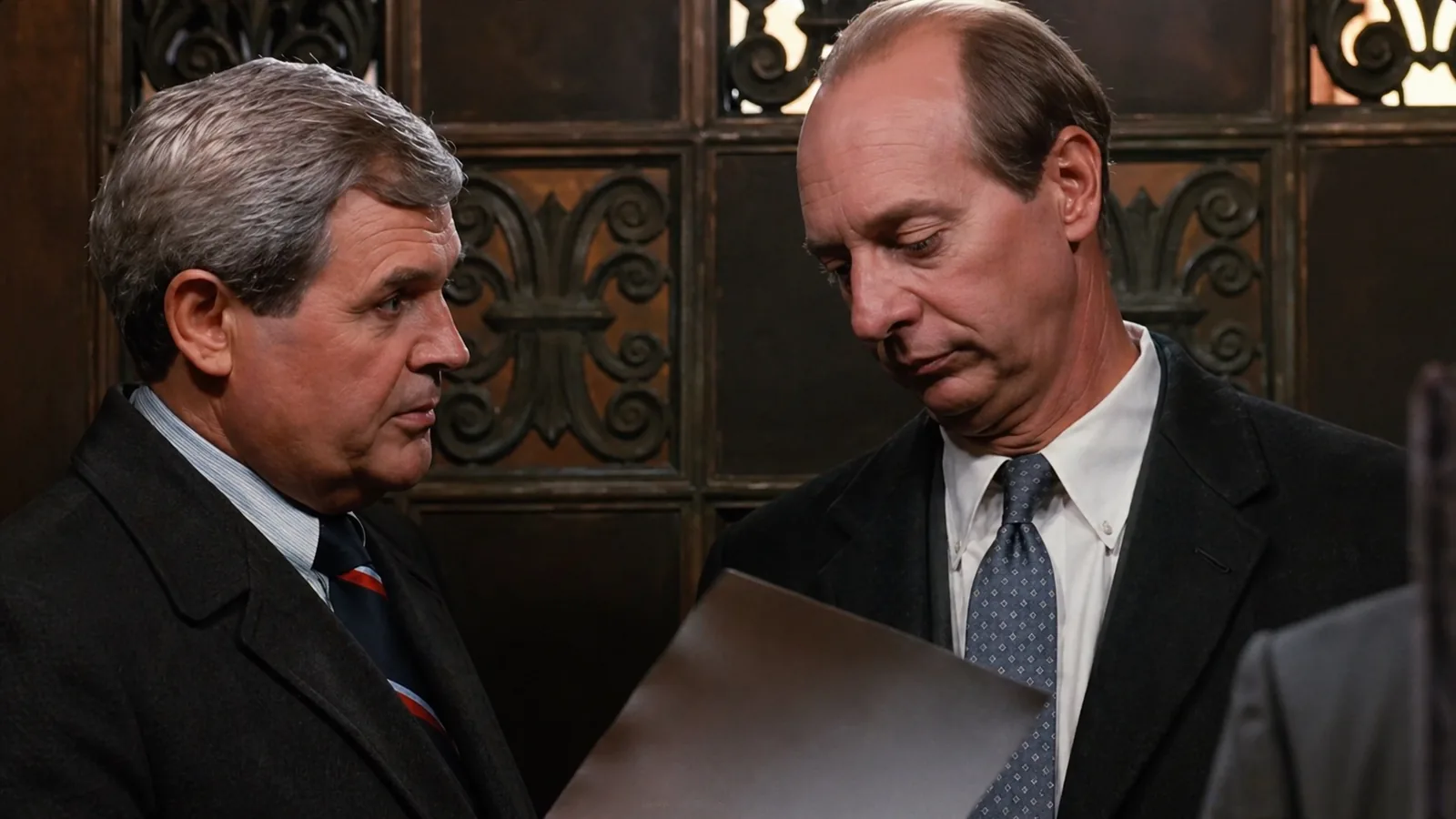 Kruk and a CIA agent talking in an elevator