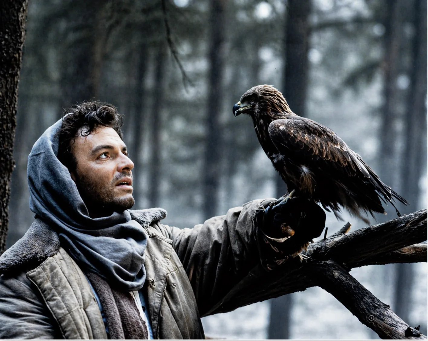 Jeffrey West with a falcon at the edge of the wild