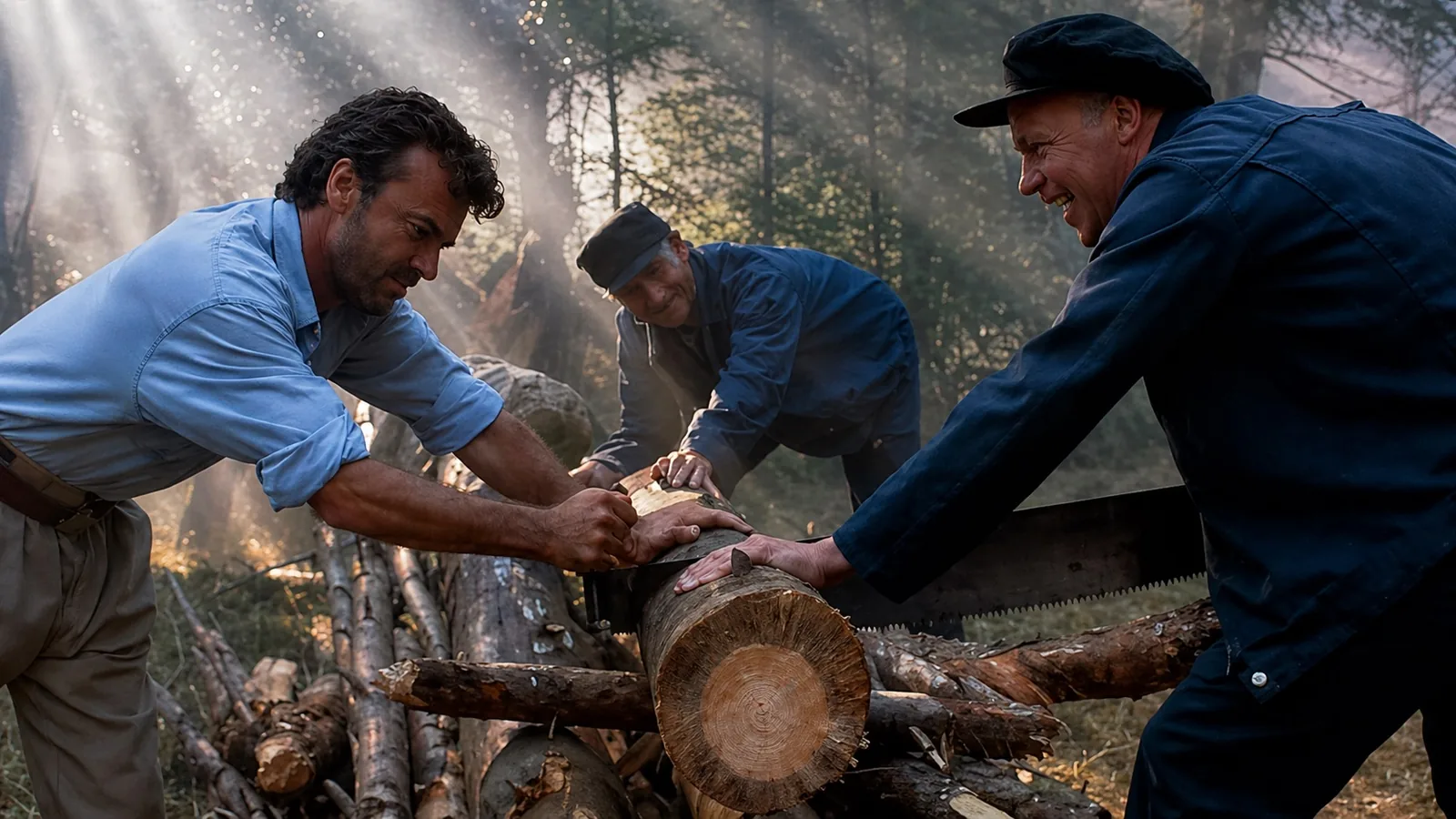 Jeffrey West and Petrov sawing wood