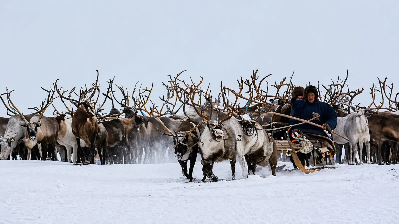 Reindeer and sled in the snow