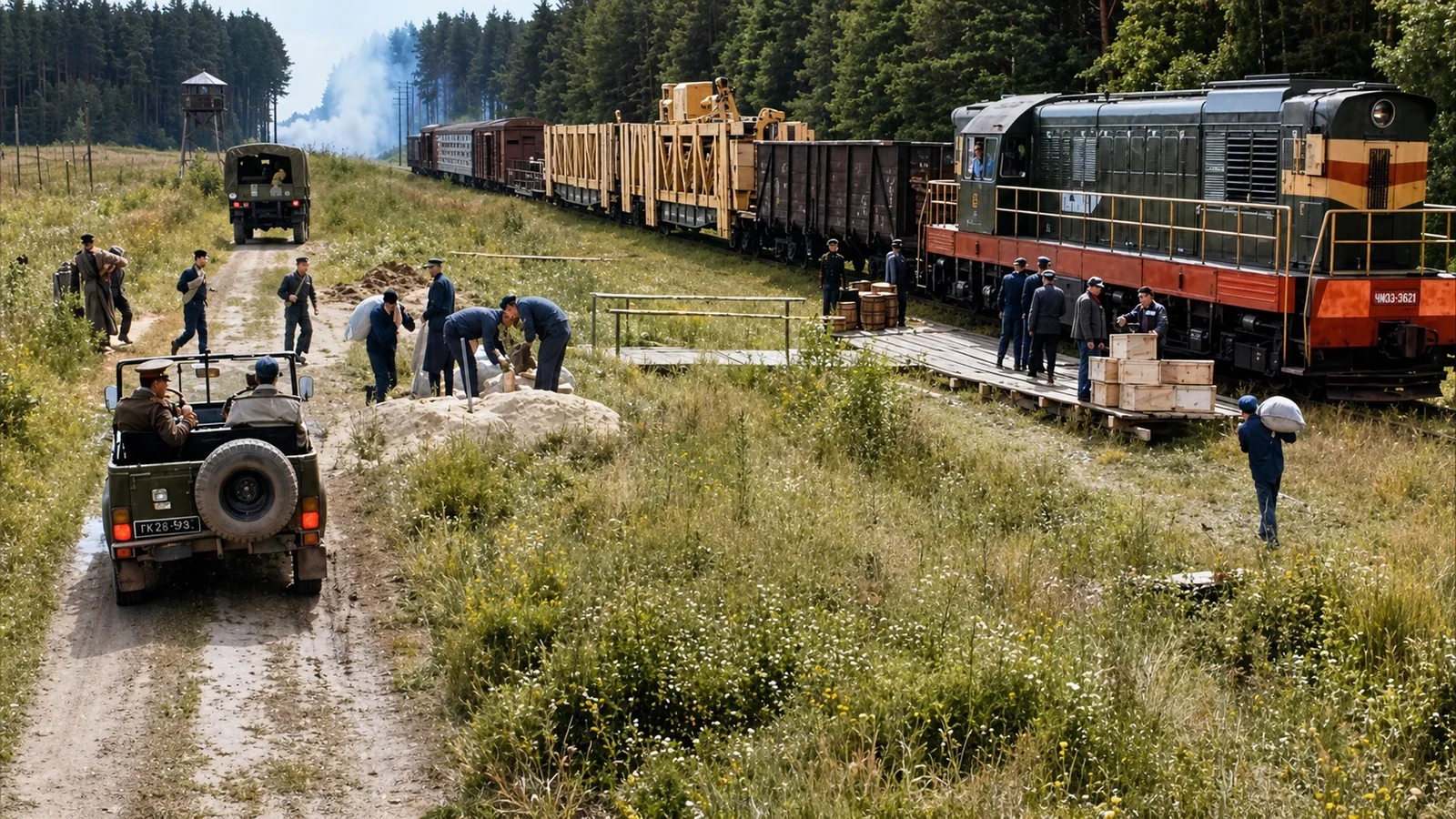 Train arriving at a remote Siberian station