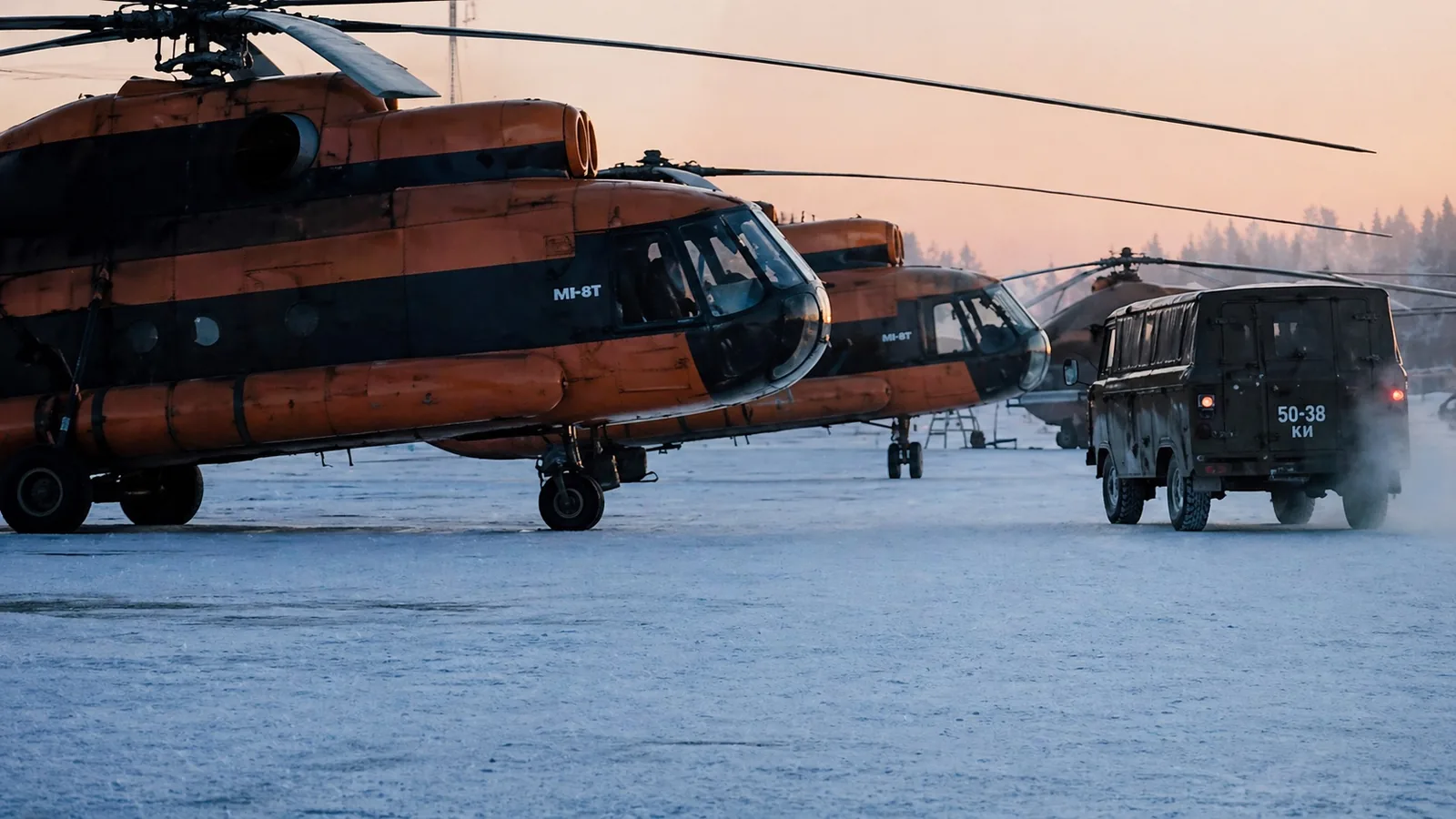Van arriving at the helicopter landing site